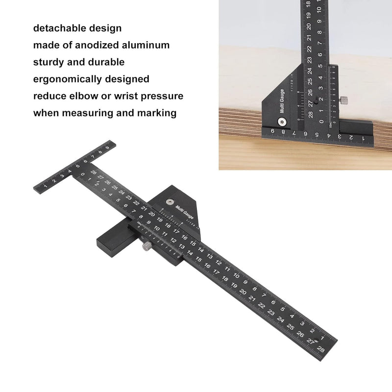 TOPINCN Präzises Lineal in T-Form, Multifunktionslineal aus Aluminiumlegierung, Schwarzes Messlineal