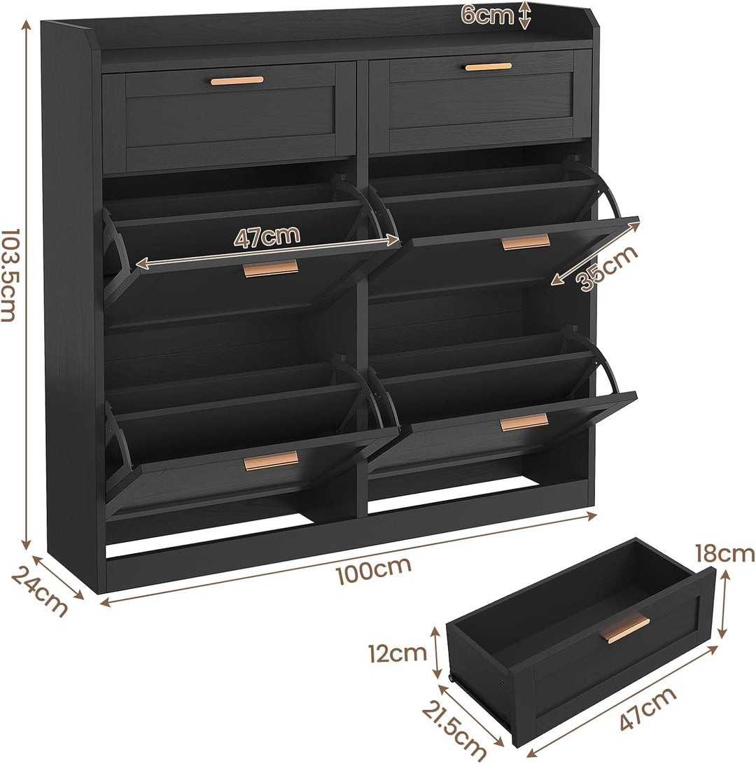 Schuhschrank mit 4 Klappen, Schuhkipper Schmal, Schuhschrank mit 2 Schubladen, Trennwand Verstellbar