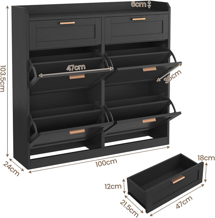 Schuhschrank mit 4 Klappen, Schuhkipper Schmal, Schuhschrank mit 2 Schubladen, Trennwand Verstellbar