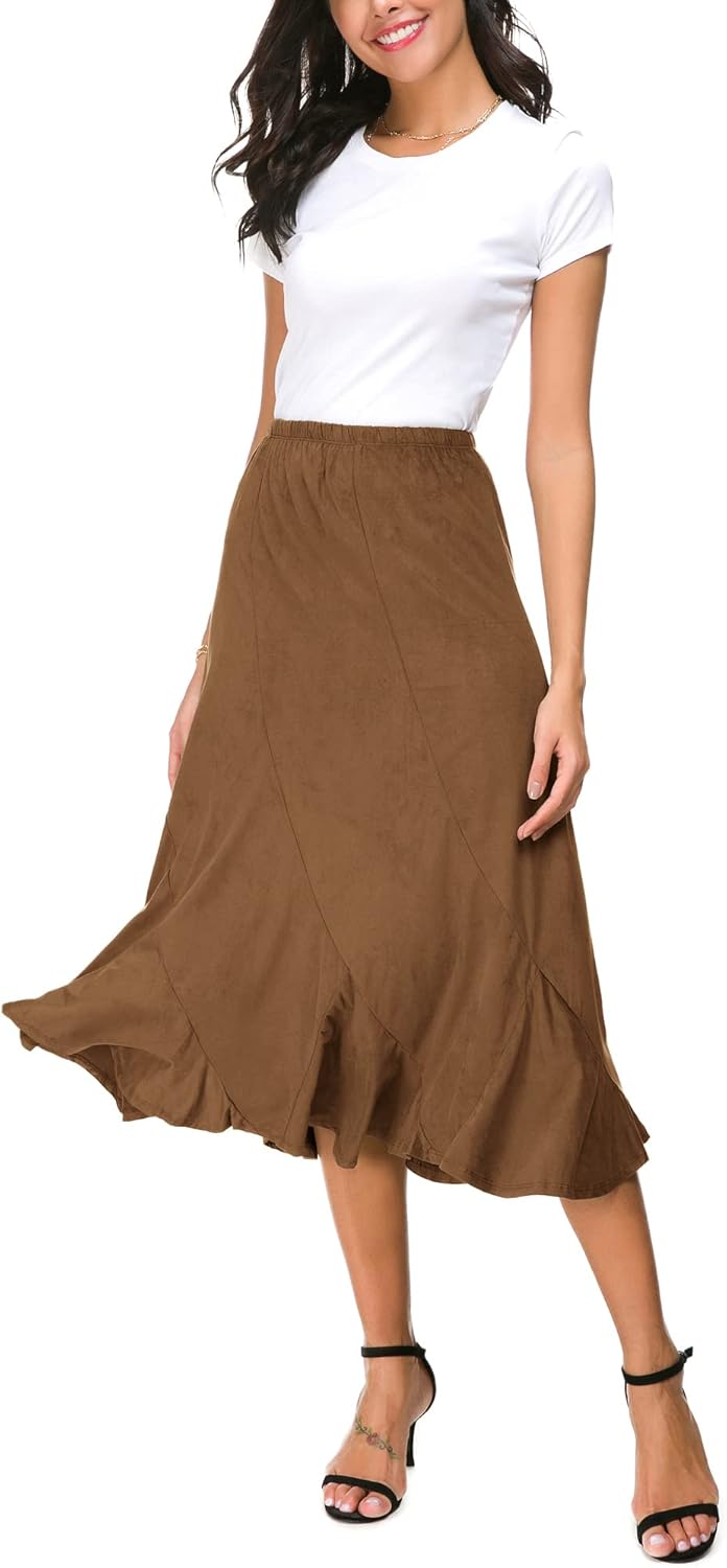 Damen Elegante Elastische Taille Wildleder Lange Midi Röck Casual A-Linie Ausgestellter Swing Rocken