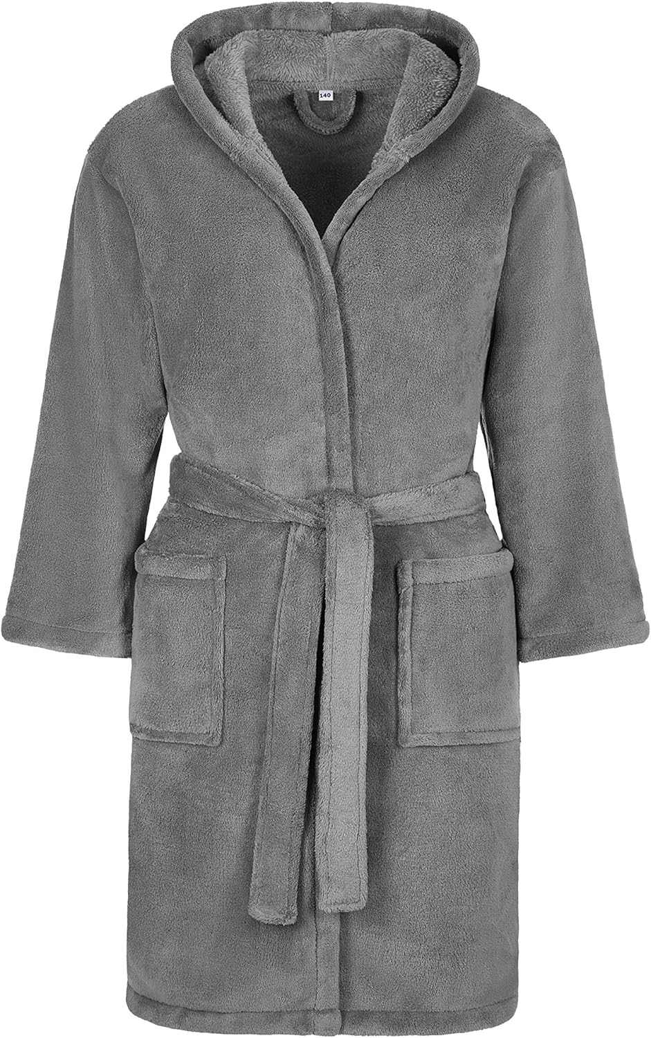 HDmirrorR Kinderbademantel Kuschel Soft Fleece mit Kaputze & Taschen Jungen, Mädchen (140, Grau) Mic