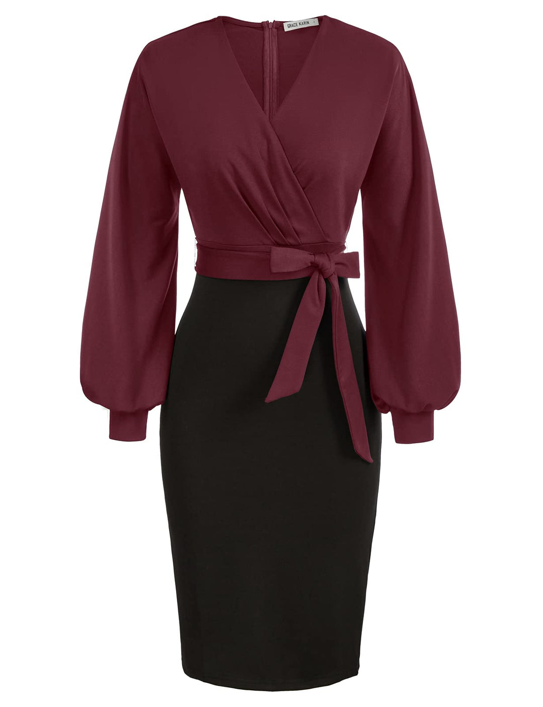 GRACE KARIN Damen Arbeit Bodycon Bleistiftkleid Langarm Hochzeit Gast Büro Kleider V-Ausschnitt Part