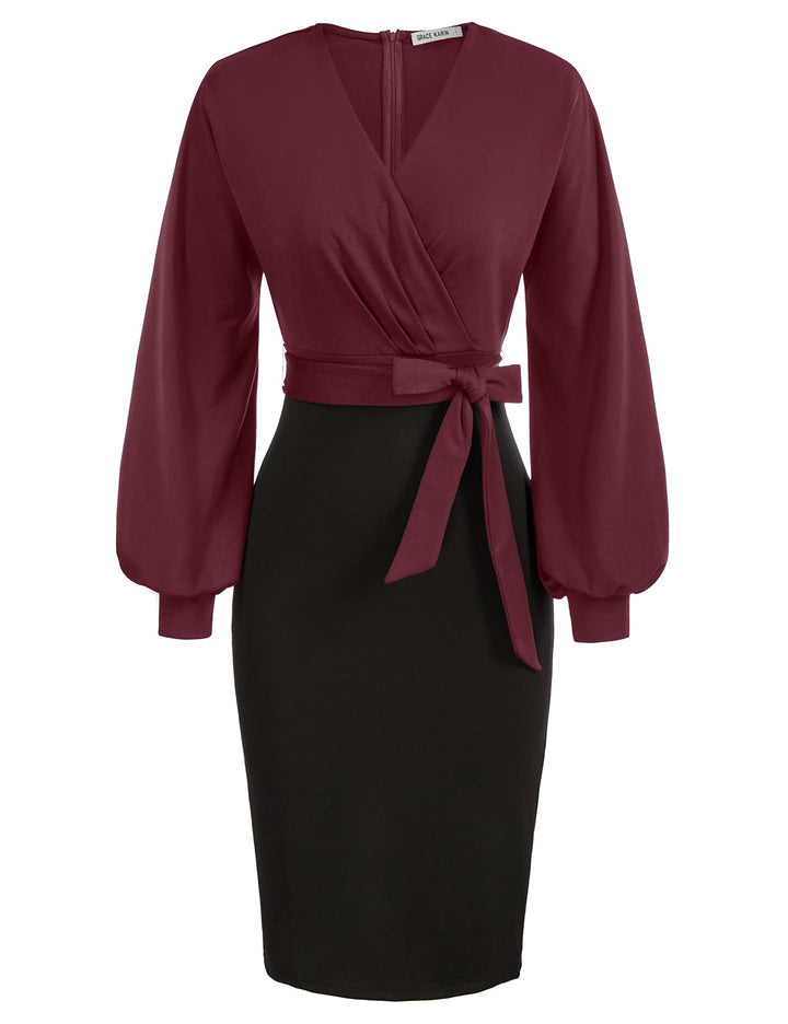 GRACE KARIN Damen Arbeit Bodycon Bleistiftkleid Langarm Hochzeit Gast Büro Kleider V-Ausschnitt Part