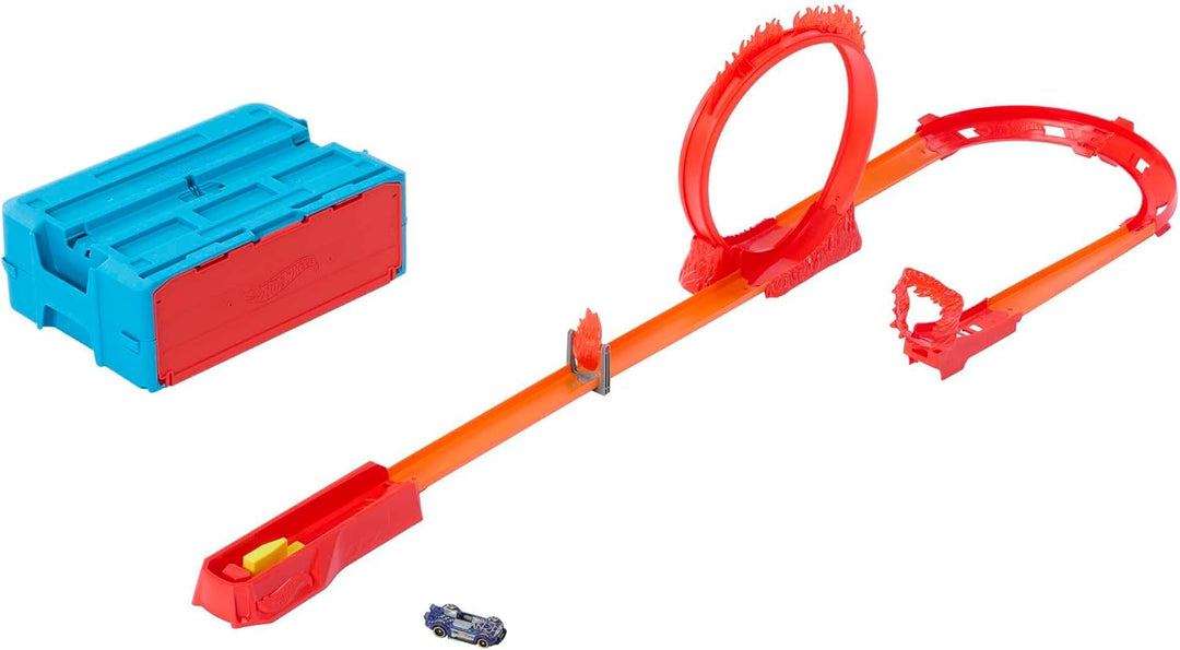Hot Wheels Trackset, Trackset im Feuer-Design mit einem Hot Wheels Fahrzeug, 16 Track- und Stuntkomp