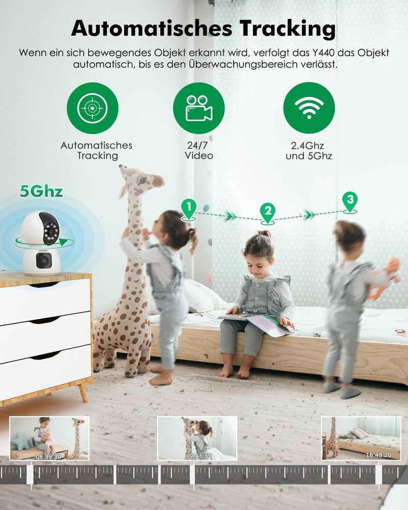 YESYAMO Überwachungskamera Innen mit 4MP Doppelobjektiv, 360° PTZ Kamera Indoor, Duale Ansicht, 5Ghz