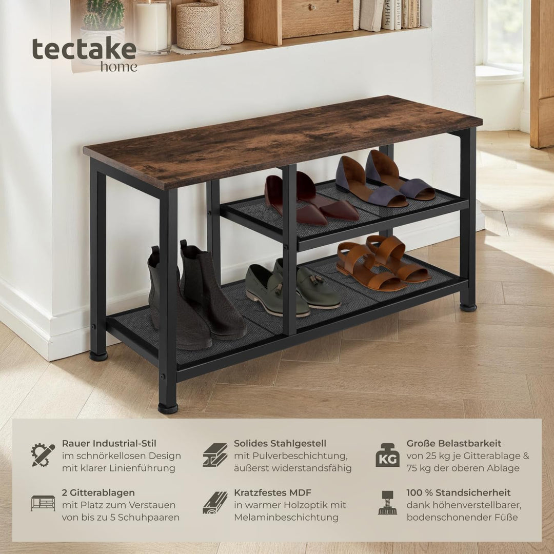 tectake 800949 Schuhregal schmal mit Sitzfläche, Schuhbank aus Holz und Metall, Industrie-Design, 3