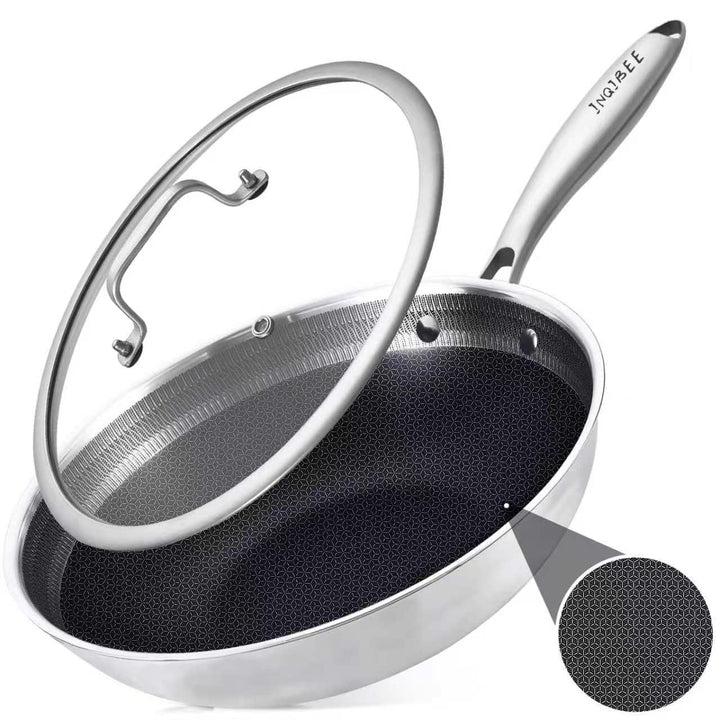 Inqibee Hybrid Edelstahl-Wokpfanne 28 cm mit Deckel | mit Antihaft-Wabenstruktur, für Induktion, all