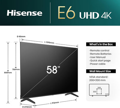 Hisense 58E6NT 146cm (58 Zoll) Fernseher, 4K UHD Smart TV, Precision Colour, HDR, Dolby Vision, 60Hz