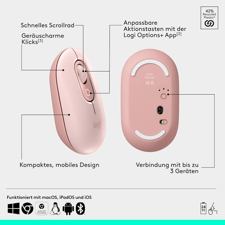 Logitech POP Mouse, kompakte und Mobile kabellose Bluetooth-Maus mit programmierbaren Tasten und lei