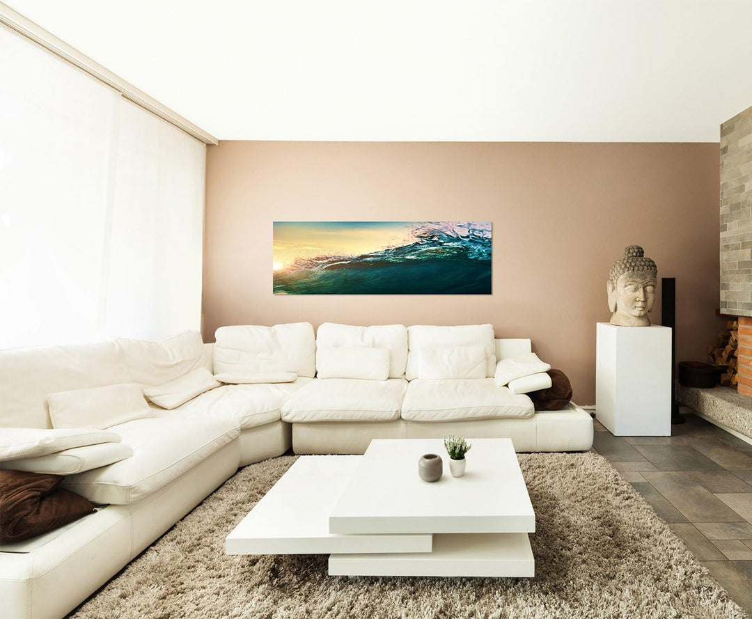 Paul Sinus Art Panoramabild auf Leinwand und Keilrahmen 150x50cm Ozean Welle Sonnenuntergang