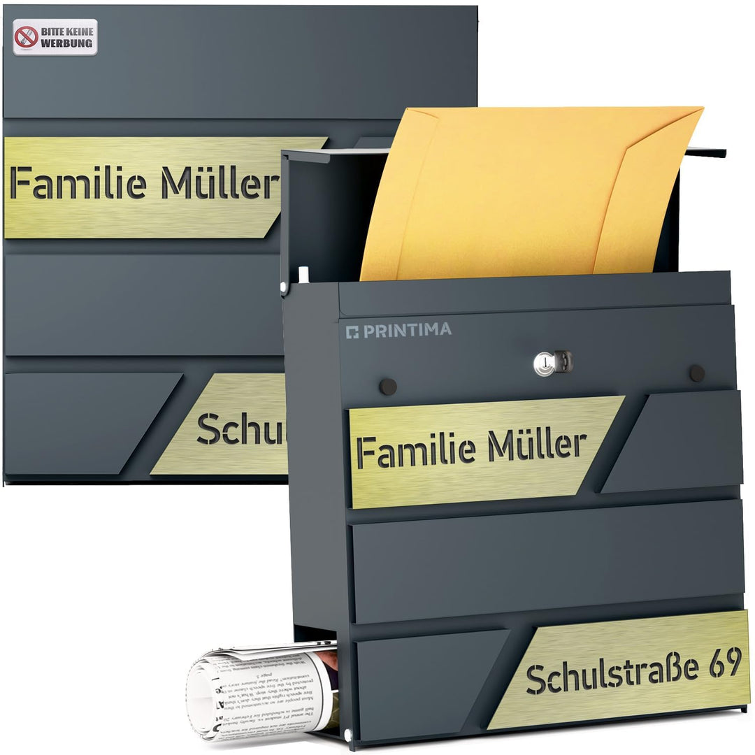 Design Anthrazit Briefkasten mit Hausnummer & Ihre Namen Gravur Personalisiert, Wandbriefkasten mit