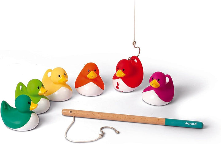 Janod - Angelspiel Enten - 6 Bunte Enten + 2 Angeln aus Holz - Badeenten - Gummienten Geschicklichke