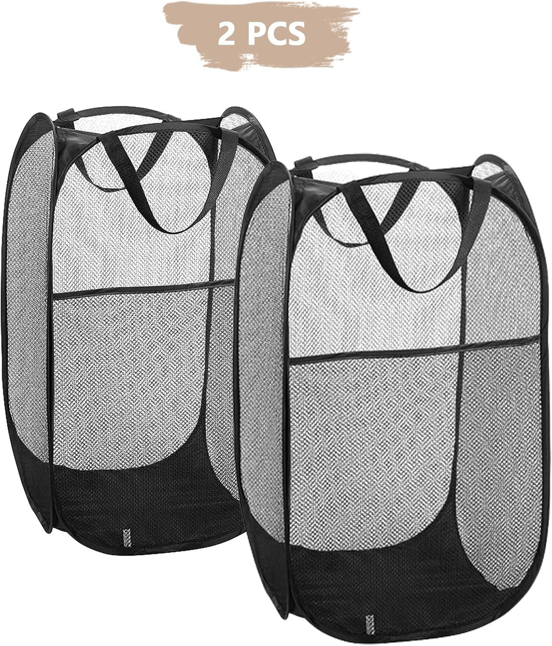 2 Stück Gross Netz-Wäschekorb Faltbar, Laundry Basket Mesh Pop up, Faltbarer Netz-Wäschekorb mit Rob
