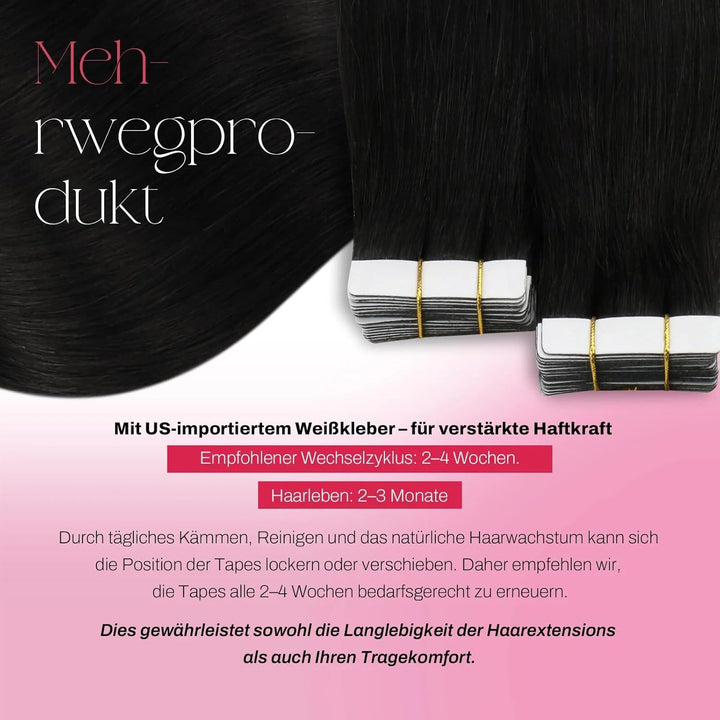 Moresoo Tape Extensions Echthaar Schwarz Echt HaarExtension Tape 100% Remy Tape in Haarverlängerung