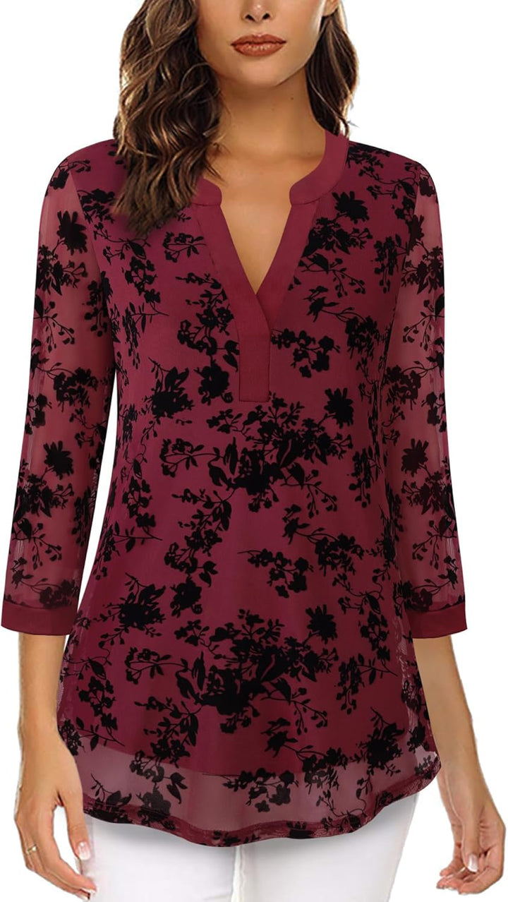 Damen 3/4 Ärmel Oberteil Henley V-Ausschnitt Hemden doppellagig Mesh Bluse Tuniken L Beflockte Dunke