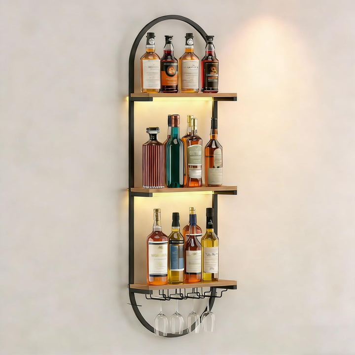 Weinregal Wand aus Metall, schwarzes schwebendes Industrieregal, 3-stufiger Wandmontage Wine Display