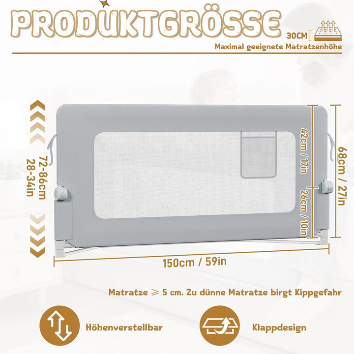 TATIVALO Bettgitter Bettschutzgitter 150 cm Rausfallschutz Bett, Bettschutzgitter Klappbar, Babybett