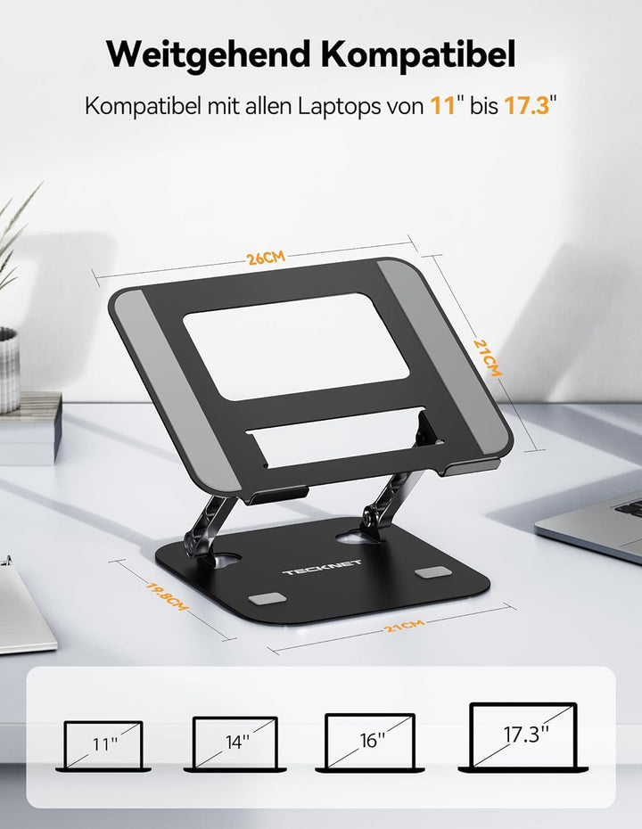 TECKNET Laptop Ständer Höhenverstellbar und Drehbar, Ergonomische Laptop Halterung Schreibtisch, Not