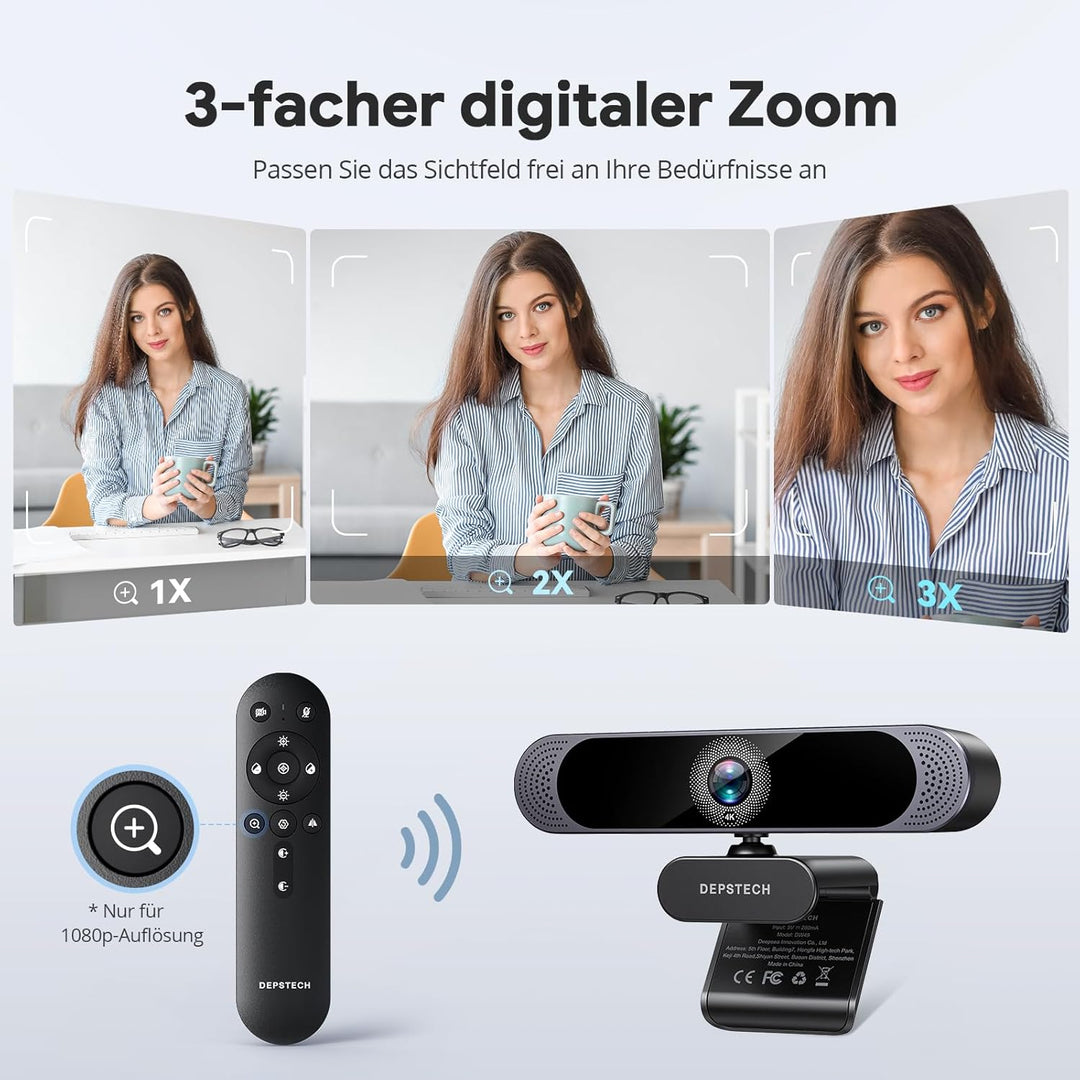 DEPSTECH DW49 Pro Webcam 4K, Ultra HD 1/2,55'' Sony-Sensor, 3-facher Zoom, Webcam mit Zwei Mikrofon,
