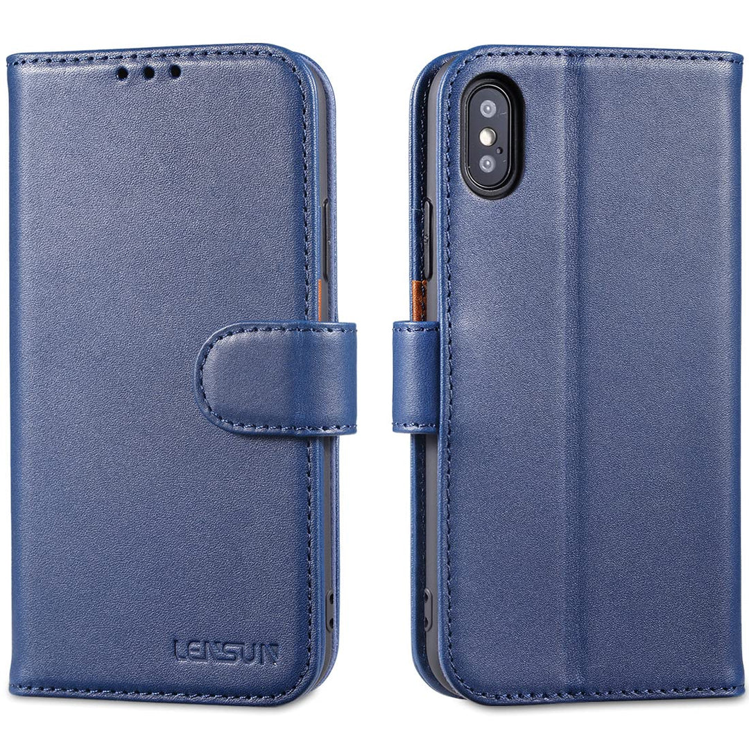 LENSUN Echtleder Hülle für iPhone XS, iPhone X Handyhülle Flip Cover [Echtes Leder][Kartenfach][RFID