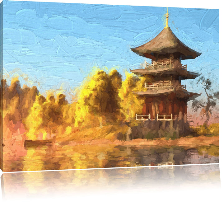 Pixxprint prachtvoller asiatischer Tempel an See Kunst Pinsel Effekt, Format: 100x70 auf Leinwand, 1