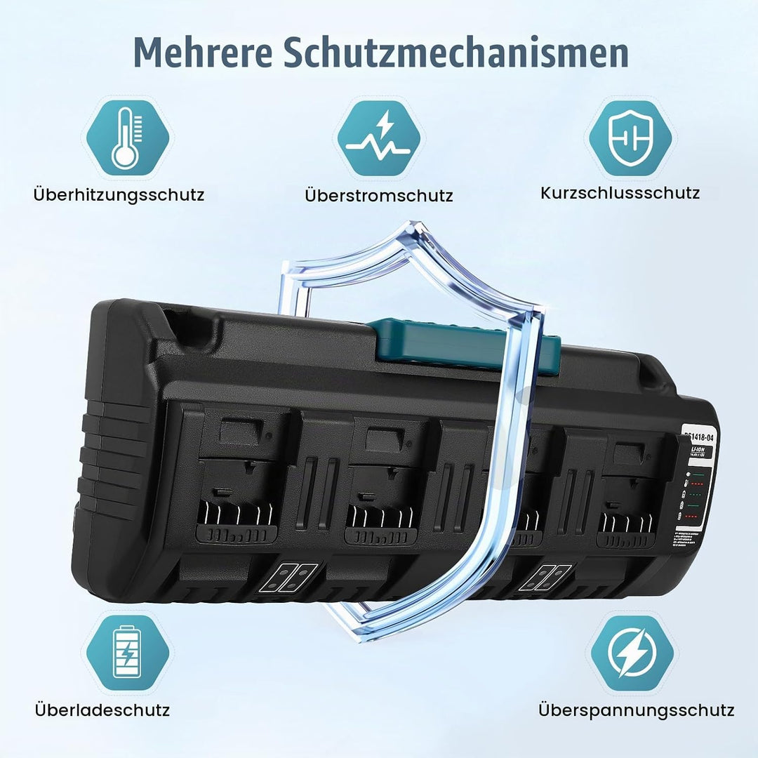 4‑Fach Akku‑Schnellladegerät mit Dual‑USB‑Anschlüssen | Für 14,4V‑18V Lithium‑Ionen‑Akkus, LED‑Anzei