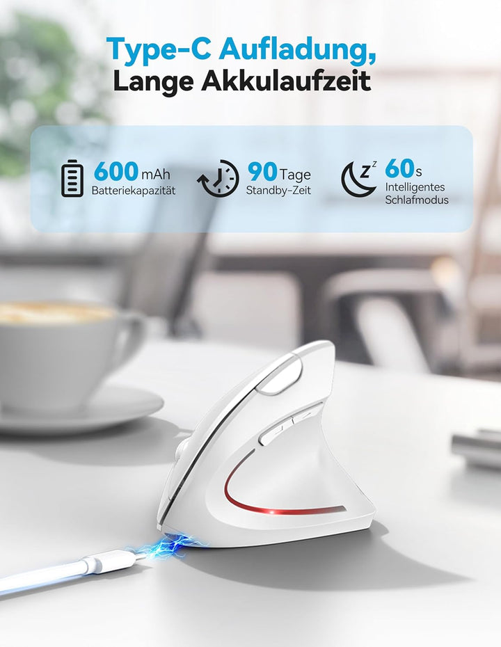 TECKNET Ergonomische Bluetooth Maus, Wiederaufladbar Kabellose Vertikale Maus (BT 5.0/3.0 + 2.4G), 6