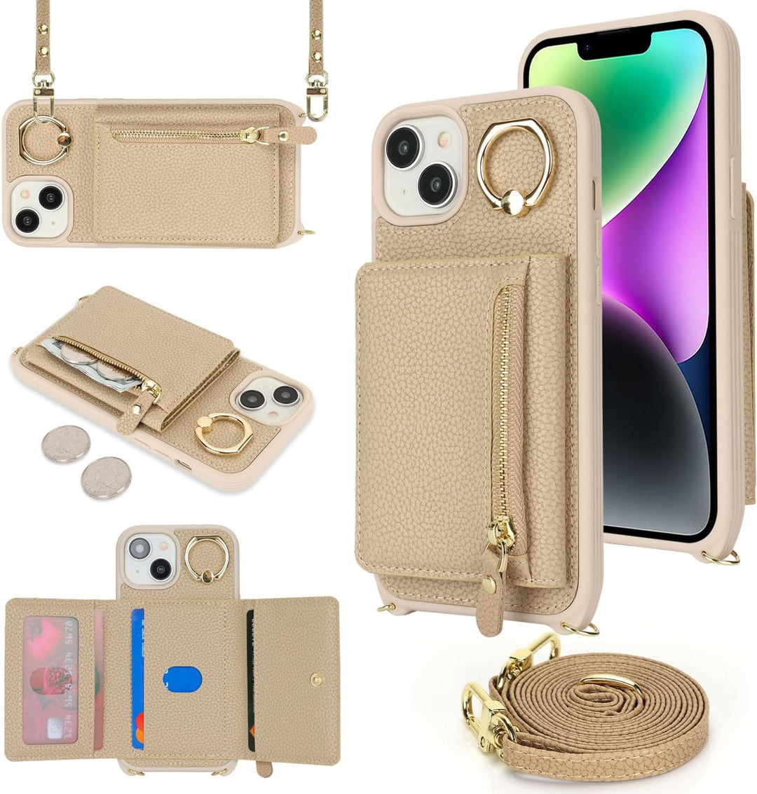 ELTEKER Handyhülle für iPhone 13 Hülle mit Band Kartenfach Ringhalterung Geldbörse,Leder Klapphülle