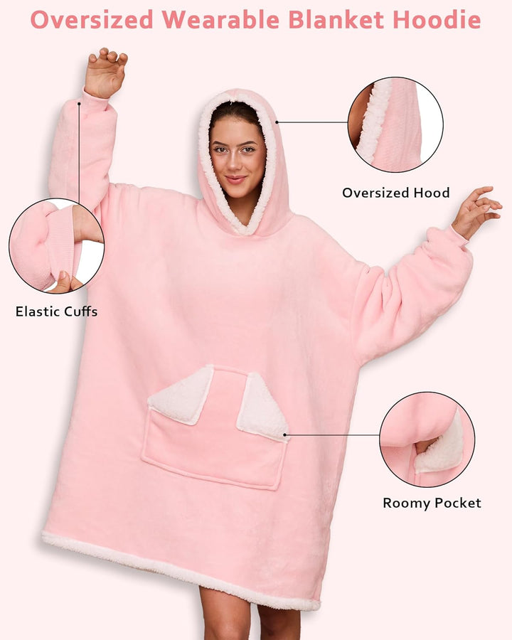 Oversized Hoodie Blanket， Sherpa Wearable Blankets with Pocket & Sleeves, Cozy Fleece Wearable Hoode