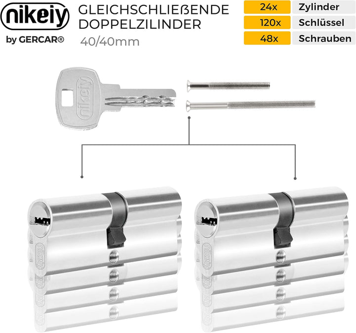 GERCAR 24x Schliesszylinder gleichschliessend 24 Profilzylinder 40/40 inkl. 120 Schlüssel - 80 mm -