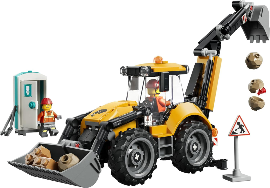 LEGO City Gelber Baggerlader - Baufahrzeug Spielzeug - Traktor mit 2 Minifiguren, funktionierender F