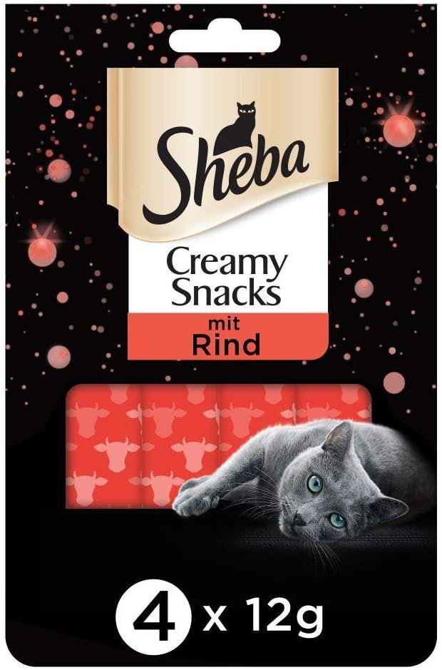 Sheba Creamy Snacks – Cremiges Katzen-Leckerli mit Rind – Praktische Sticks zum aus der Hand Schleck