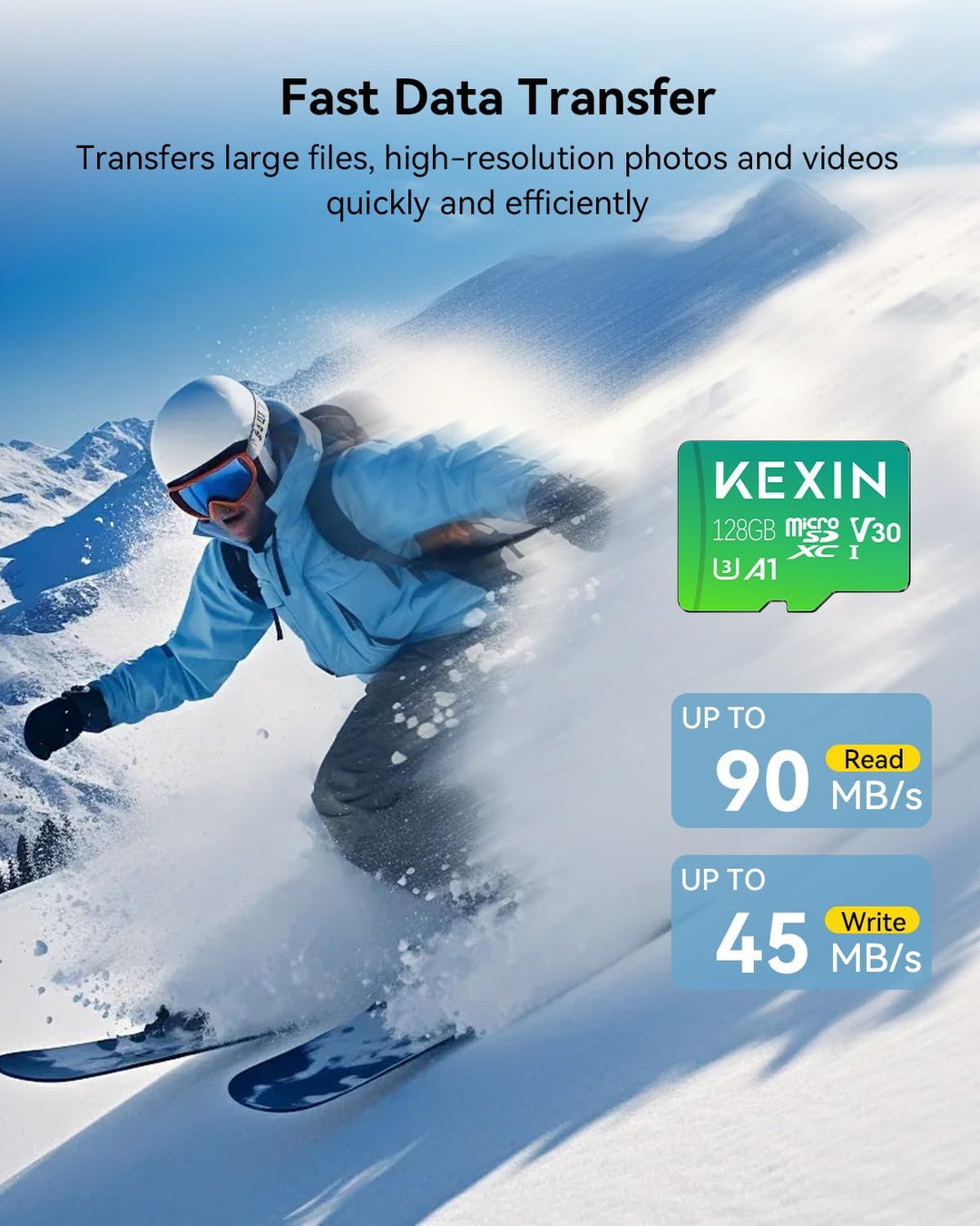 KEXIN Micro SD Karte 128GB microSDXC UHS-I A1, Class 10, U3, V30, Full HD-Videos Speicherkarte 128 G