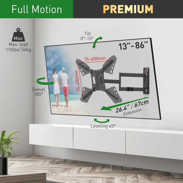 Barkan Lange TV Wandhalterung, 13-86 Zoll Schwenkbar/Neigbar/Vollbewegung flach &amp; Curved Fernseher T