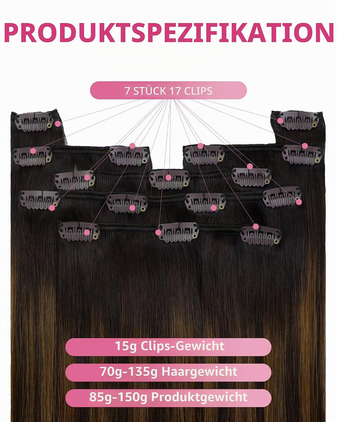 YoungSee Extensions Clip in Braun Ombre Remy Glatt Haar Clip in Extensions Echthaar Ombre Dunkelbrau
