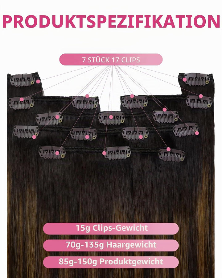 YoungSee Extensions Clip in Braun Ombre Remy Glatt Haar Clip in Extensions Echthaar Ombre Dunkelbrau