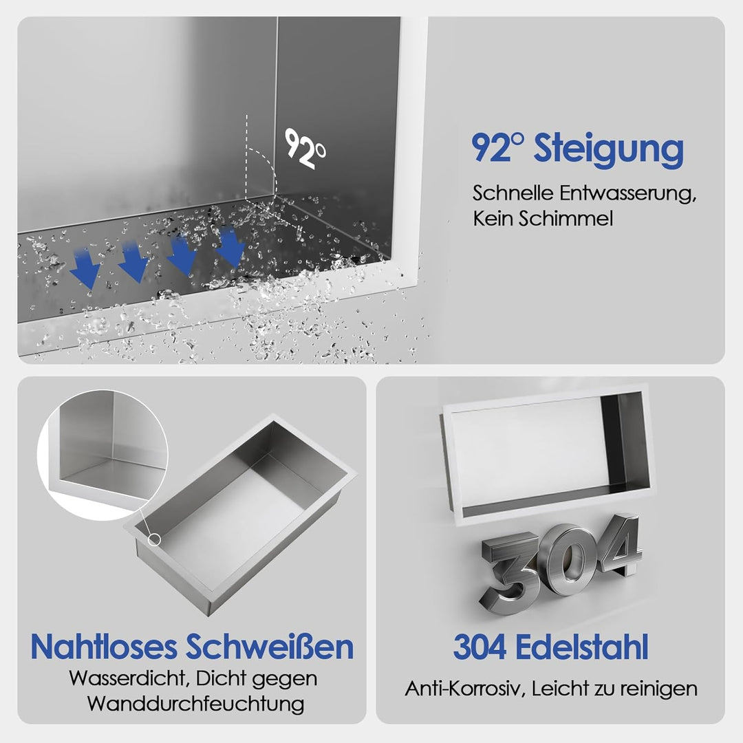 ROVOGO 60 x 30 x 10 cm Wandnische Dusche Edelstahl 304, Eingebettete Duschnische Einzelregal Lagerun