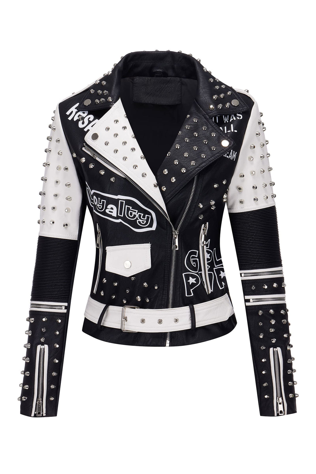 Giolshon Damen Kunstleder Jacke Nieten Floral Moto Biker Kurzer Revers Mantel 3XL 0376_Schwarz, 3XL