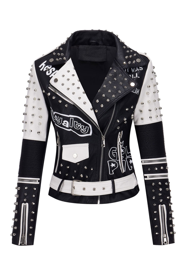 Giolshon Damen Kunstleder Jacke Nieten Floral Moto Biker Kurzer Revers Mantel XXL 0376_Schwarz, XXL