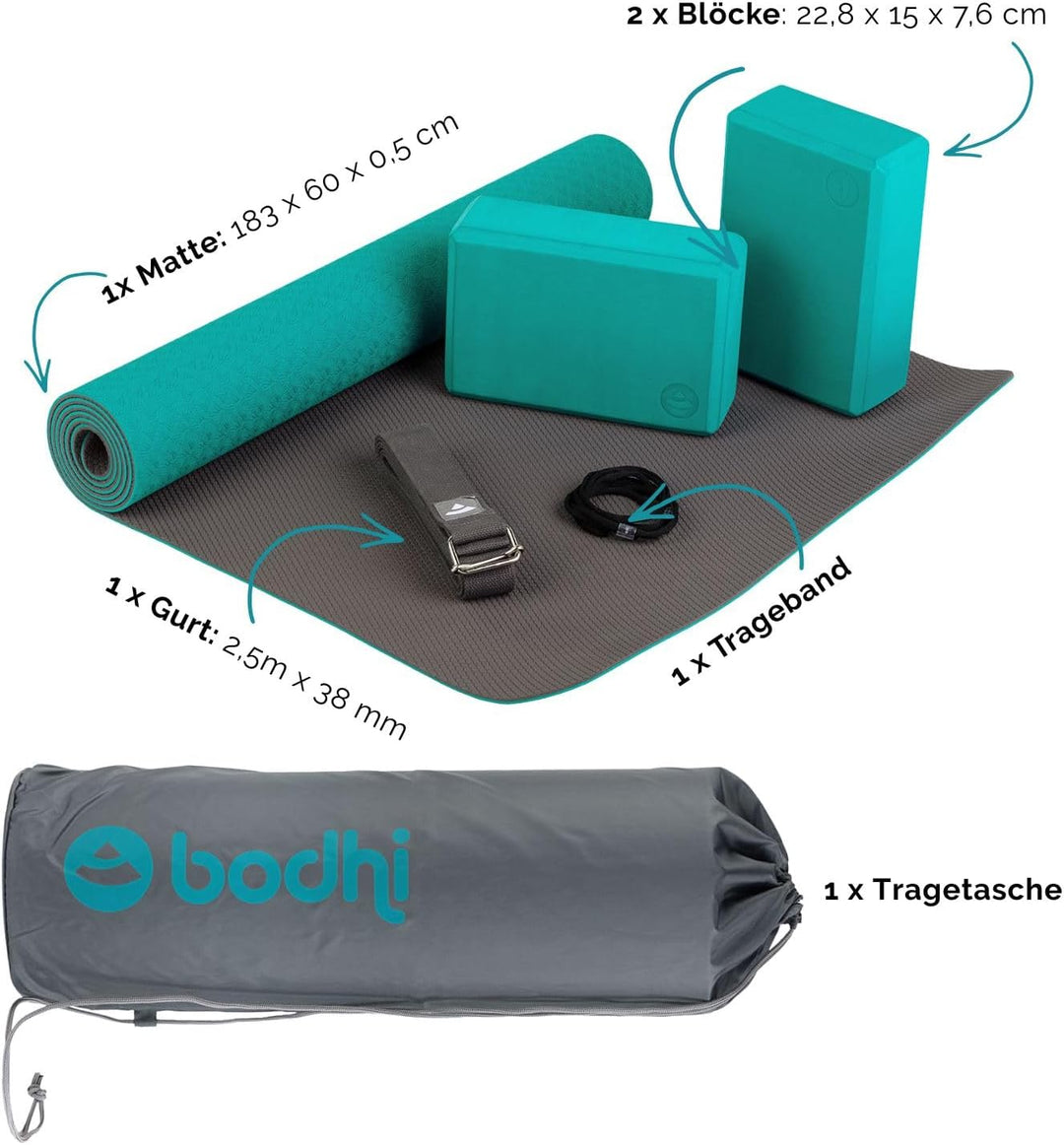 Bodhi Yoga Starter-Set Komplett | Rutschfeste Yogamatte aus TPE inkl. 2 Yogablöcken aus Eva (Moosgum