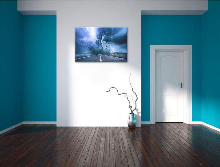 stürmender Tornado auf einer Landstrasse Format: 100x70 auf Leinwand, XXL riesige Bilder fertig gera