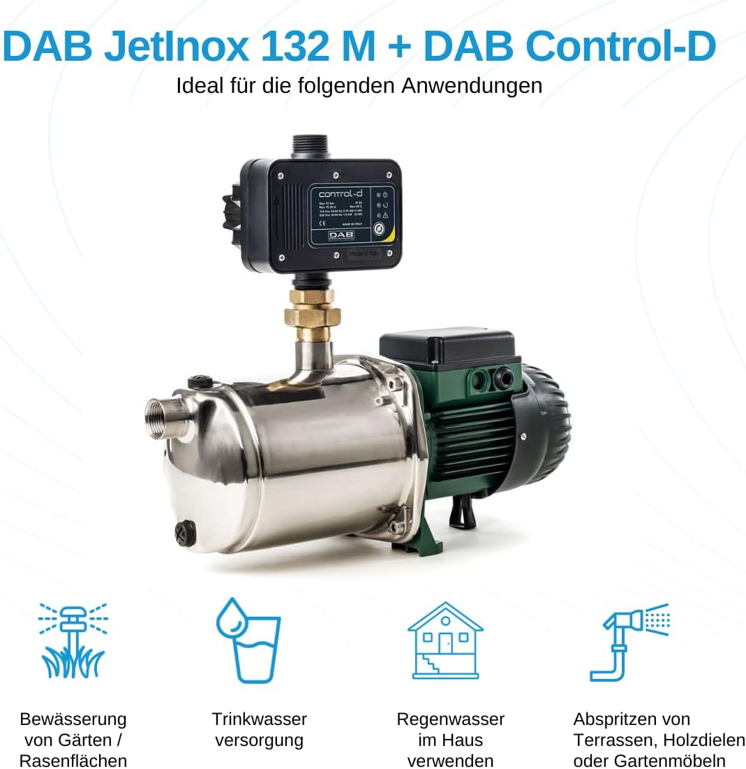 DAB JetInox 132 M + DAB Control-D Hauswasserautomat - 4800 L/Std. - Förderhöhe 48 m - Rostfreier Sta