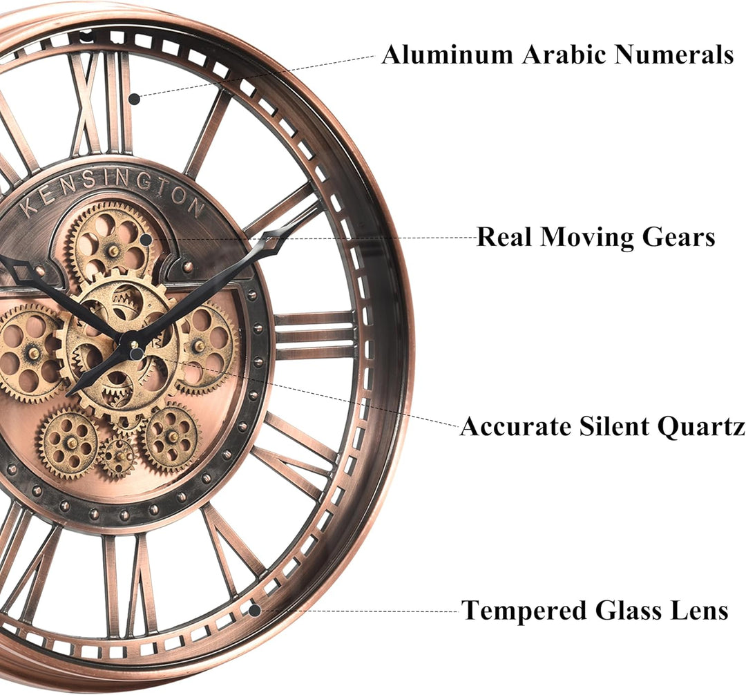 CLXEAST Moderne Wanduhr mit beweglichem Getriebe, Bronze, Kupfer, römische Zahlen (53,5 cm) Römische