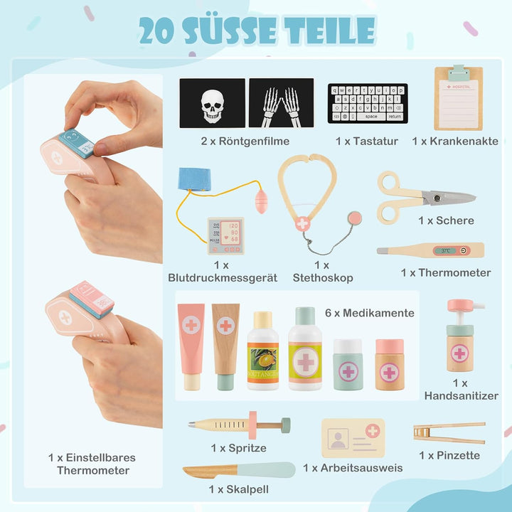 DREAMADE Arztspielset für Kinder, Krankenhaus aus Holz mit Sehtest, CT-Spielgerät & Röntgenapparat,