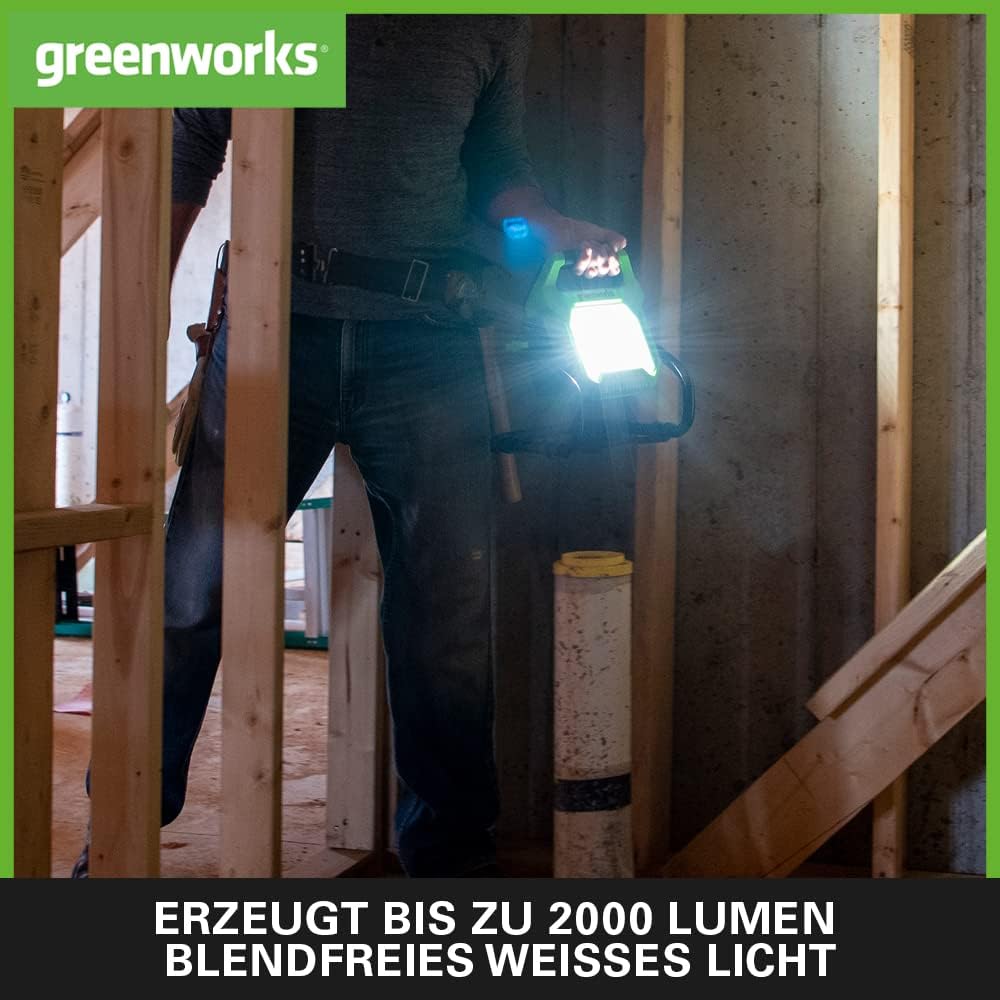 Greenworks G24WL Akku Arbeitsleuchte mit Haken zum Aufhängen, AC/DC-Hybrid, AC-Netzkabel oder tragba