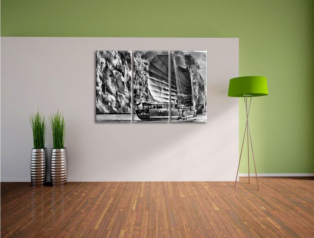 Pixxprint Segelschiff im Sonnenuntergang 3Teiler 120x80 cm Leinwandbild Wandbild Kunstdruck