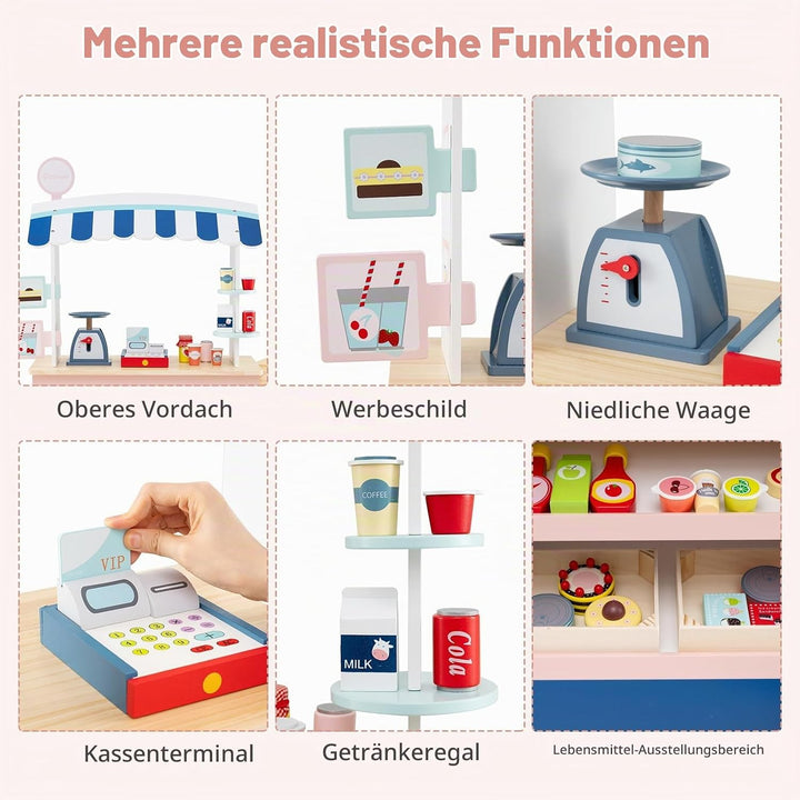 HOMASIS Kaufladen Kaufmannsladen Holz mit 30 Spielzubehör, Verkaufsstand Supermarkt-Set mit 3 Rädern