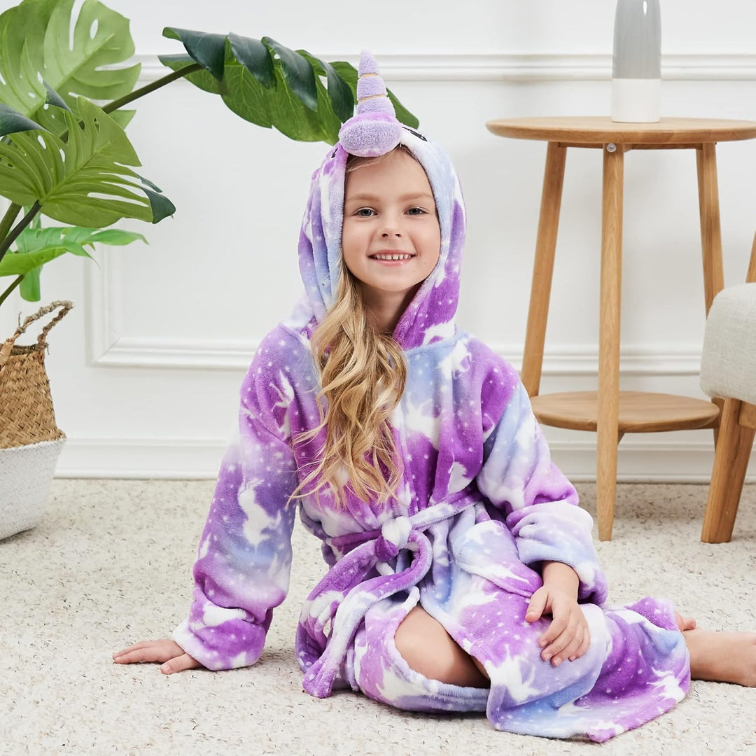 Ceruwum Einhorn Bademantel für Mädchen Weich Fleece Morgenmäntel mit Kapuze 4-5 Jahre Lila Einhorn,