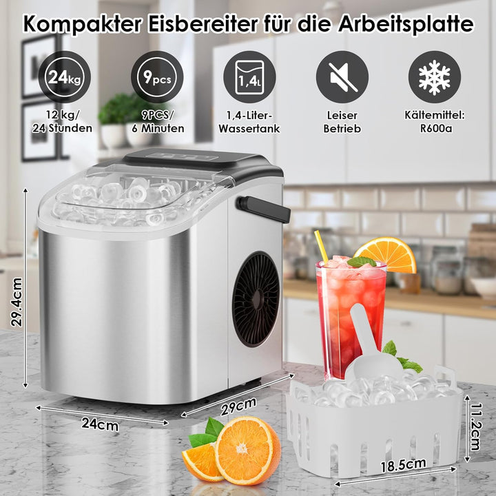 Eiswürfelmaschine, Eiswürfelbereiter Edelstahl, 9 Eiswürfel in 6 Minuten, 12kg/24h, 2 Eiswürfel-Grös