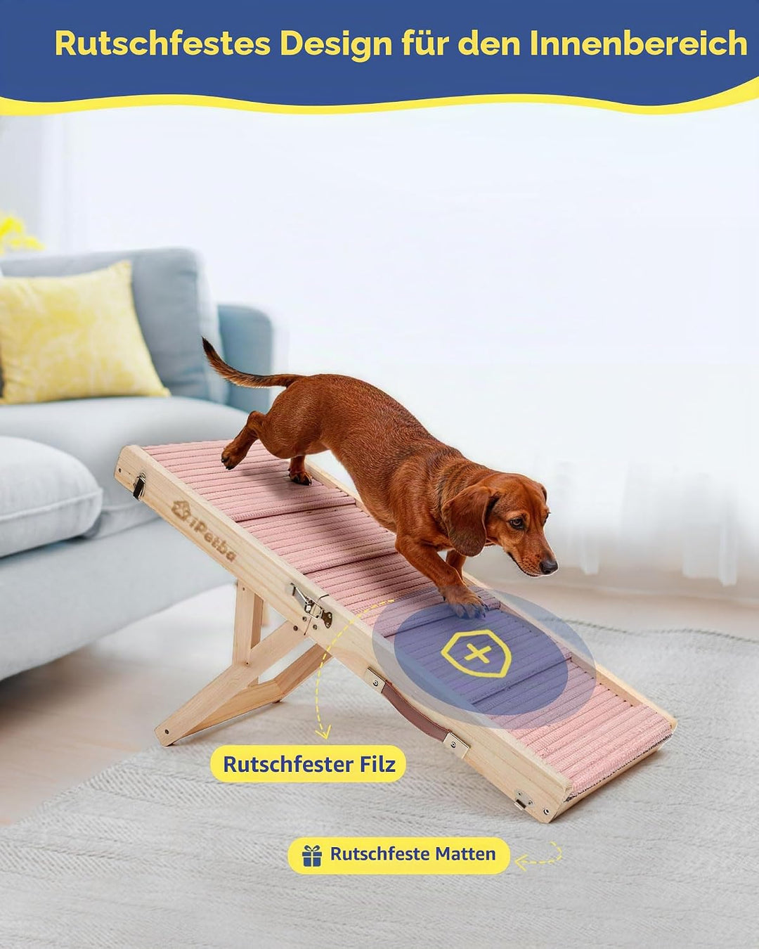 Hunderampe für Sofa und niedrige Möbel, rosa, für kleine Hunde bis 16 kg, höhenverstellbar, klappbar